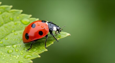 Fototapeta premium Ladybug on a green leaf with water droplets macro shot