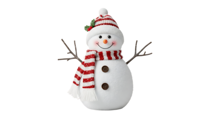 Snowman, festive with red and white striped hat and scarf and twig arms, cutout, PNG isolated on white or transparent background