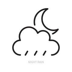 Night rain line icon. Cloud and half moon sign / symbol. Weather forecast & climate concept. Isolated on a white background. Editable stroke. Flat design. Vector illustration.