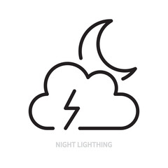 Night lightning line icon. Cloud and half moon sign / symbol. Weather forecast & climate concept. Isolated on a white background. Editable stroke. Flat design. Vector illustration.