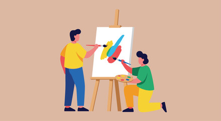 Fototapeta premium Creative collaboration unfolds as two artists paint vibrant strokes on canvas, inspiring imagination and artistic expression