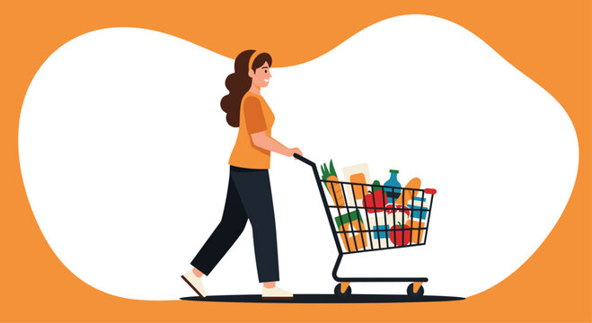 Joyful woman pushing a full grocery cart, happily shopping for fresh food and household essentials in a vibrant, modern style