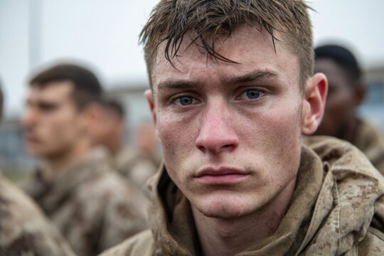 A young soldier looks intently at the camera, surrounded by fellow recruits in a military training environment. The atmosphere is serious as they prepare for their tasks