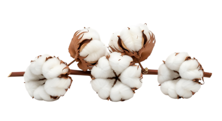Cotton bolls, five fluffy white with brown seed pods on a thin brown branch, cutout, PNG isolated on white or transparent background