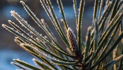 Frosted Pine Needle Close-up in Winter Scene with Natural Lighting