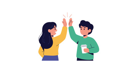 Excited colleagues celebrate success with a high five and coffee, embodying teamwork and achievement in a modern setting