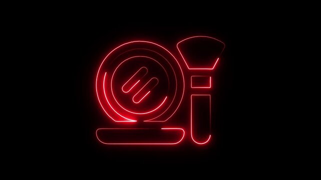 Red neon makeup brush and powder compact icon glowing on black background abstract beauty cosmetic symbol digital