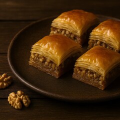 Walnut baklava squares with syrup glaze on ceramic plate background
