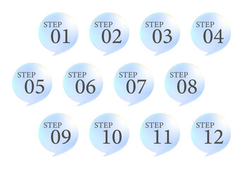 ブルーの吹き出し型ステップ番号アイコンセット｜12段階の手順を表す清潔感のあるデザイン素材