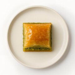 Pistachio baklava square with syrup glaze on white ceramic plate