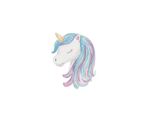 Magical watercolor unicorn head with a colorful flowing mane. Perfect for fantasy, kids’ designs, nursery decor, and whimsical projects.