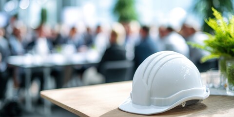 Safety First - Hard Hat on Table at Business Meeting.