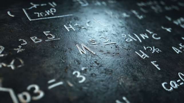 Mathematical and chemical formulas on dark background, scientific education concept