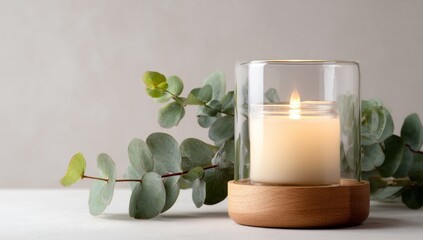 Serene candle with eucalyptus branches for relaxation and wellness.