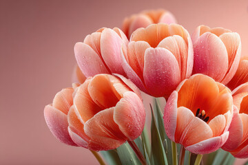 Soft pink and orange tulip flowers with water drops on petals