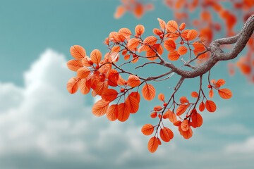 Autumn branch with orange leaves against blue sky and clouds