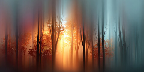 Autumn forest with glowing sunlight and misty atmosphere