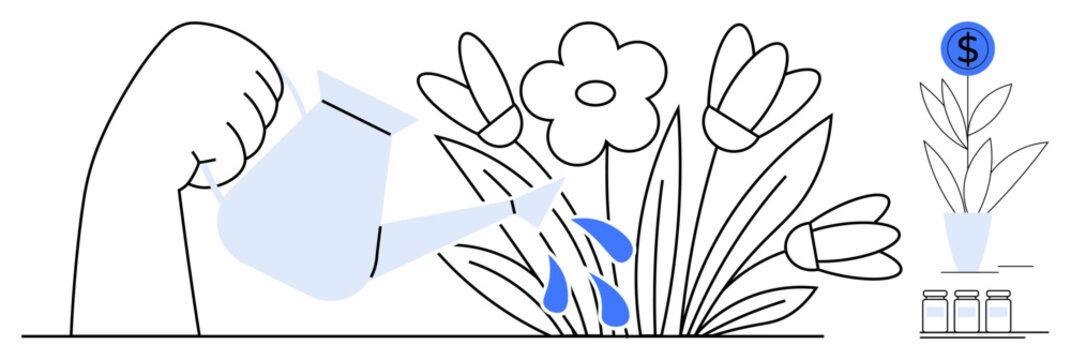 Hand watering flowers with droplets symbolizing nurturing, growth, and prosperity. Money plant and dollar sign suggest finance, business, investment. Ideal for strategy, wealth, success personal - Powered by Adobe