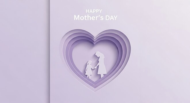 Happy Mothers Day - Paper Cut Heart with Mother and Child Silhouette.