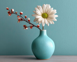 White daisy flower and red buds in blue vase on table