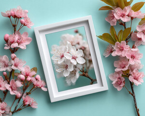 Cherry blossom flowers in white frame with pink flowers on blue
