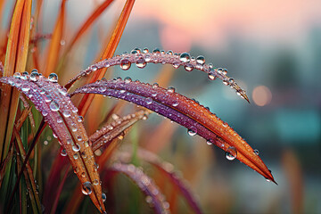 Morning dew drops on colorful grass blades with soft sunrise light