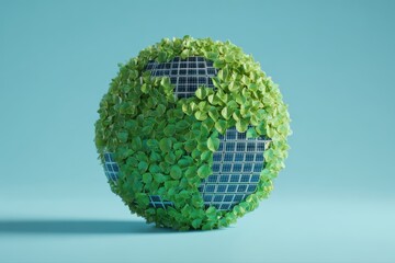 A creative and eco-friendly concept of a green globe made of leaves and solar panels, symbolizing sustainability and renewable energy.