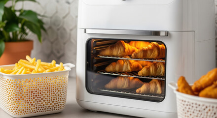 Golden brown croissants baking inside a modern air fryer oven