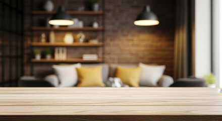 Cozy living room with sofa and shelves in warm ambient light
