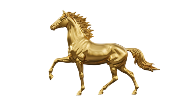 Golden Horse Sculpture, gleaming in motion with flowing mane and tail, cutout, PNG isolated on white or transparent background