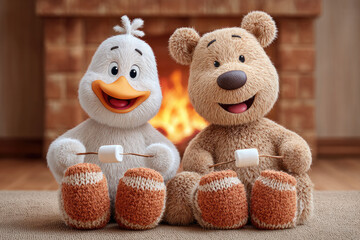 Two cute plush toys roasting marshmallows by warm fireplace