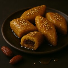 Date filled Middle Eastern dessert with syrup and sesame garnish