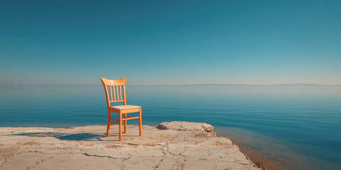 Wooden chair on rocky shore with calm blue sea and clear sky