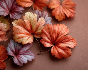 Autumn colored leaves with detailed veins on brown surface