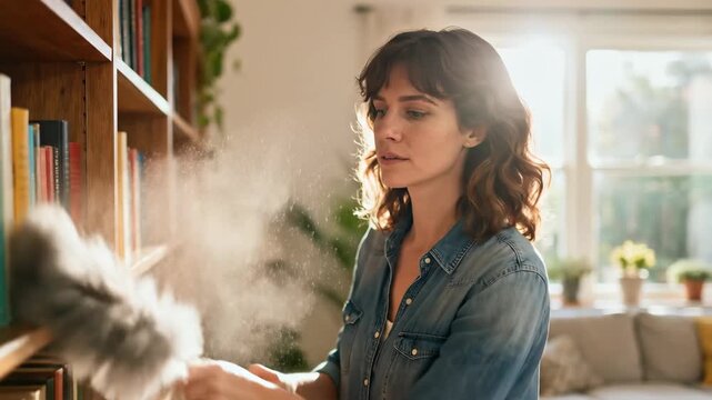 Woman dusting a bookshelf with a feather duster in slow motion. A cloud of dust particles is illuminated by sunlight while cleaning at home. Housekeeping and domestic chores concept