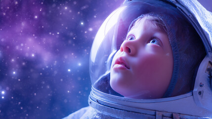 A young child looks up with wonder, wearing an astronaut helmet. The background is filled with a colorful galaxy of stars and swirling cosmic colors, creating a sense of adventure and imagination