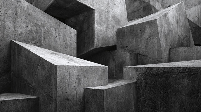 Abstract geometric concrete structures, evoking a sense of modern urban architecture and minimalist design