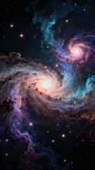 A stunning view of two spiraling galaxies surrounded by infinite stars in deep space. The bright colors create an otherworldly scene that highlights the beauty of the universe