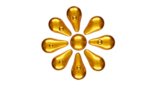 Golden liquid droplets, arranged in a flower shape with reflections, cutout, PNG isolated on white or transparent background