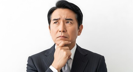 A thoughtful businessman in a suit pondering with his hand on his chin.