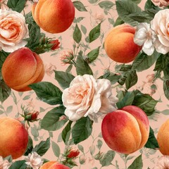Peach Fruit In Springtime Watercolor Seamless pattern. Vibrant floral pattern featuring peaches and roses on a soft background.
