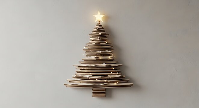 Rustic Wooden Christmas Tree Decoration with Warm Lights and a Shining Star