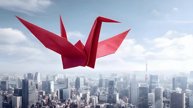 Red Origami Crane Flying Above City Skyline Bright Day