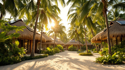 Tropical eco resort bungalows with solar panels nestled among palm trees