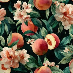Peach Fruit In Springtime Watercolor Seamless pattern. Vibrant floral pattern featuring peaches and blossoms on a dark background.