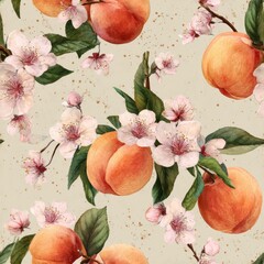 Peach Fruit In Springtime Watercolor Seamless pattern. Vibrant illustration of peaches and blossoms on a textured background.