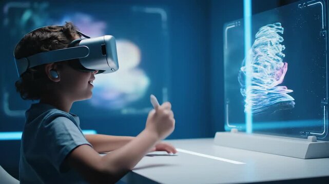 Young boy in virtual reality headset draws on an interactive clear display screen for future education and digital art footage