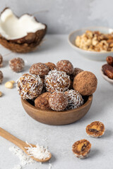 Homemade vegan healthy sugar-free candies made from dried fruits and nuts. Healthy eating.