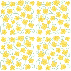 Obraz premium seamless pattern of small yellow flowers with green stems and curly vines on a white background. The flowers are arranged in a repeating grid, creating a cheerful and lively desi
