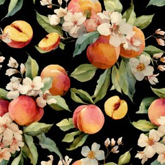 Peach Fruit In Springtime Watercolor Seamless pattern. Vibrant floral pattern featuring peaches and blossoms on a dark background.